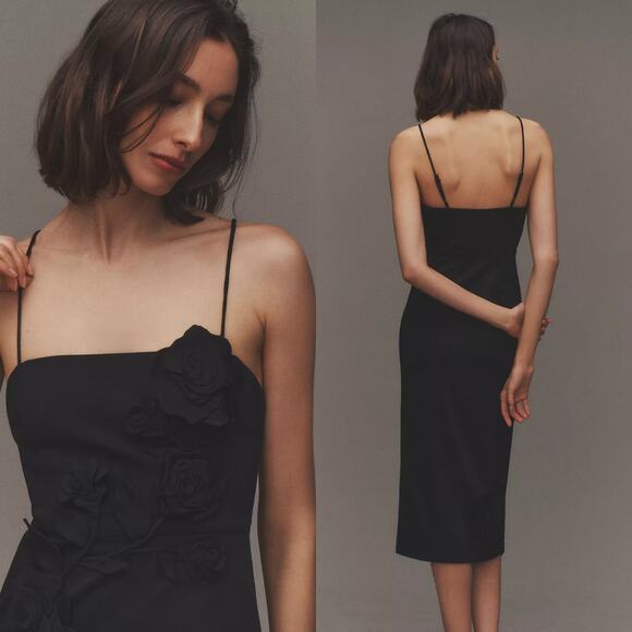 BHLDN Dresses & Skirts - BHLDN Sleeveless Black 3D Floral Side Slit Column Midi Dress Size Small